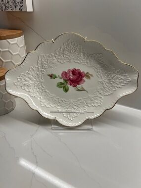 Princess Rose White Porcelain Decorative Serving Dish with Pink Rose & Gold Trim